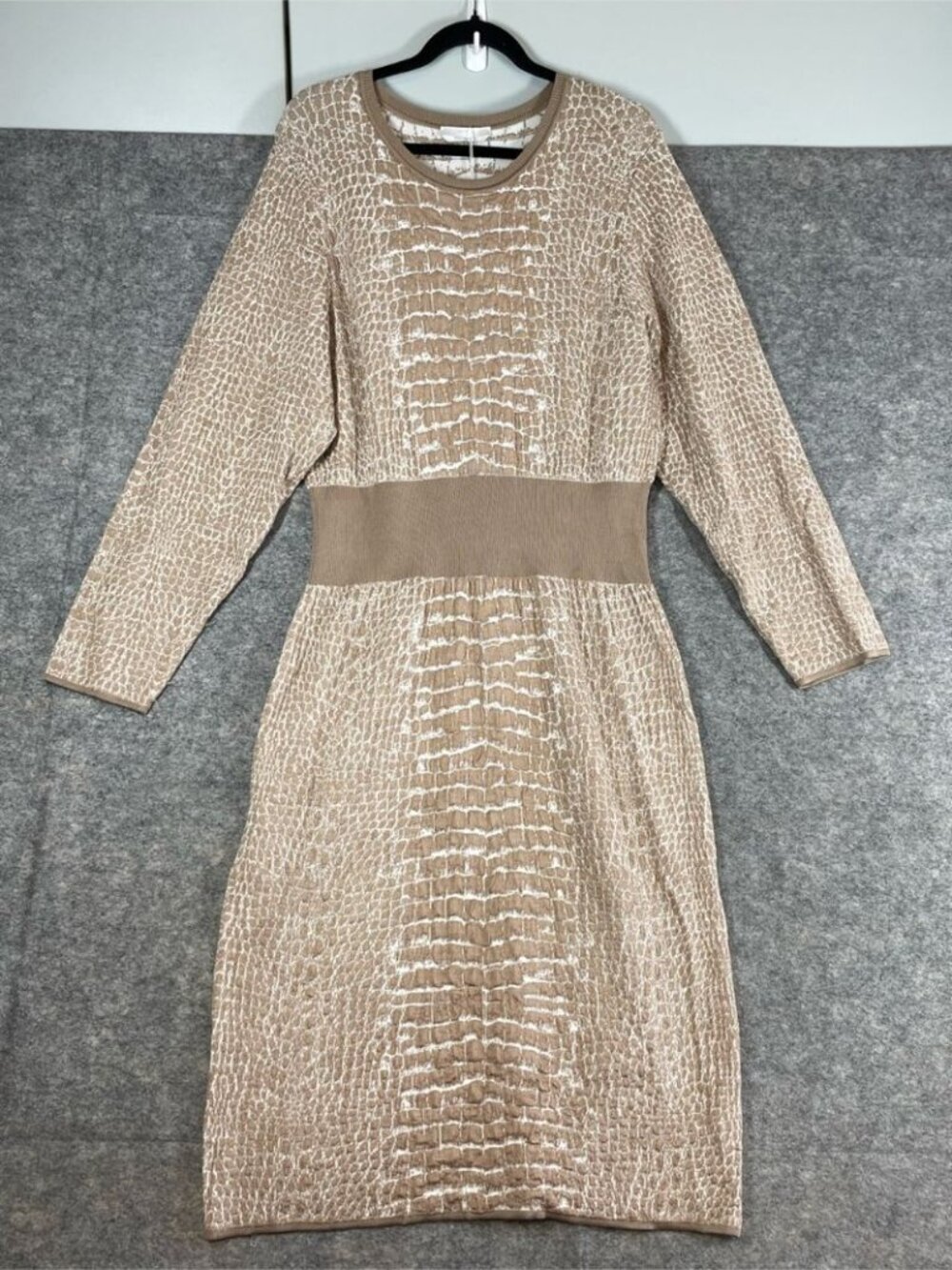 BOSS Hugo Boss Croccodile Print Knit Dress Beige XXL Quiet Luxury Career Midi - Picture 2 of 12